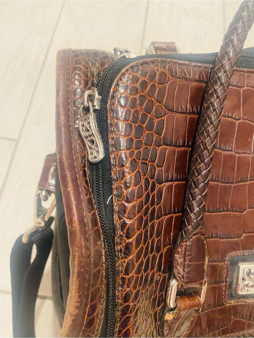 Vintage Brighton Lansky croc-embossed leather and fabric travel weekender bag - Picture 3 of 14